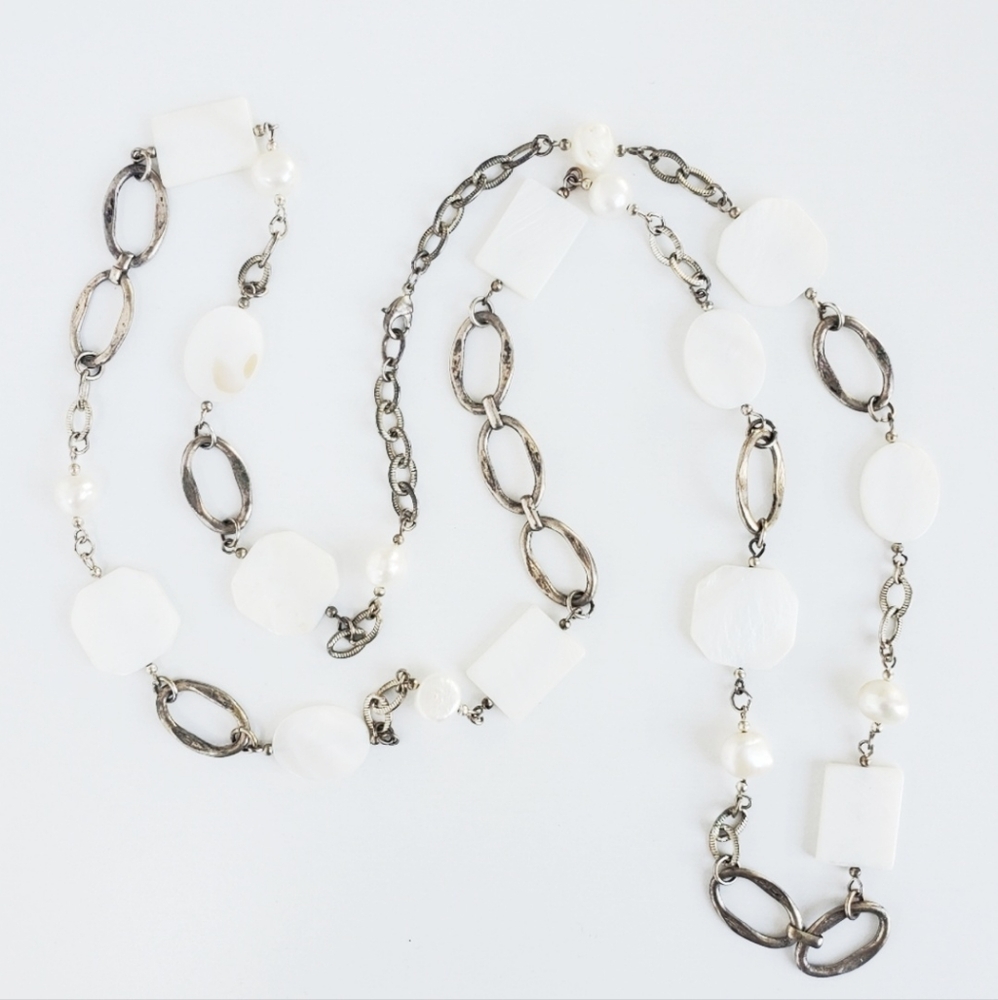 LVINTAGE Long Mother of Pearl & Pearl Silver Tone Necklace